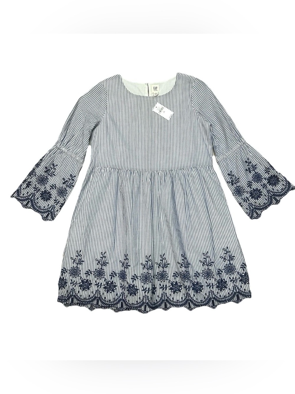 NEW Gap Kids Embroidered Dress Bell Sleeve Boho Cottagecore Size L (10) Stripes